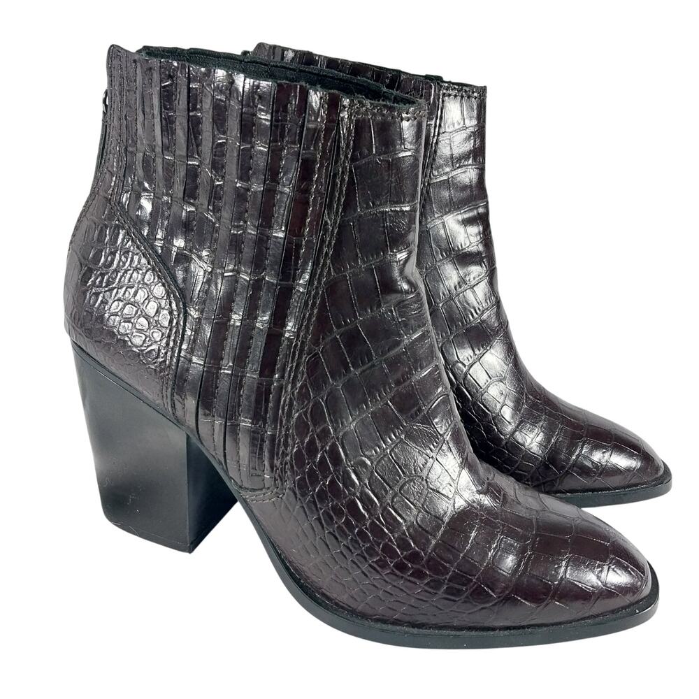 ZARA! LUXE ESPRESSO BROWN LIZARD PRINT CHUNKY HEEL BACK ZIPPER BOOTS! SZ 7M
